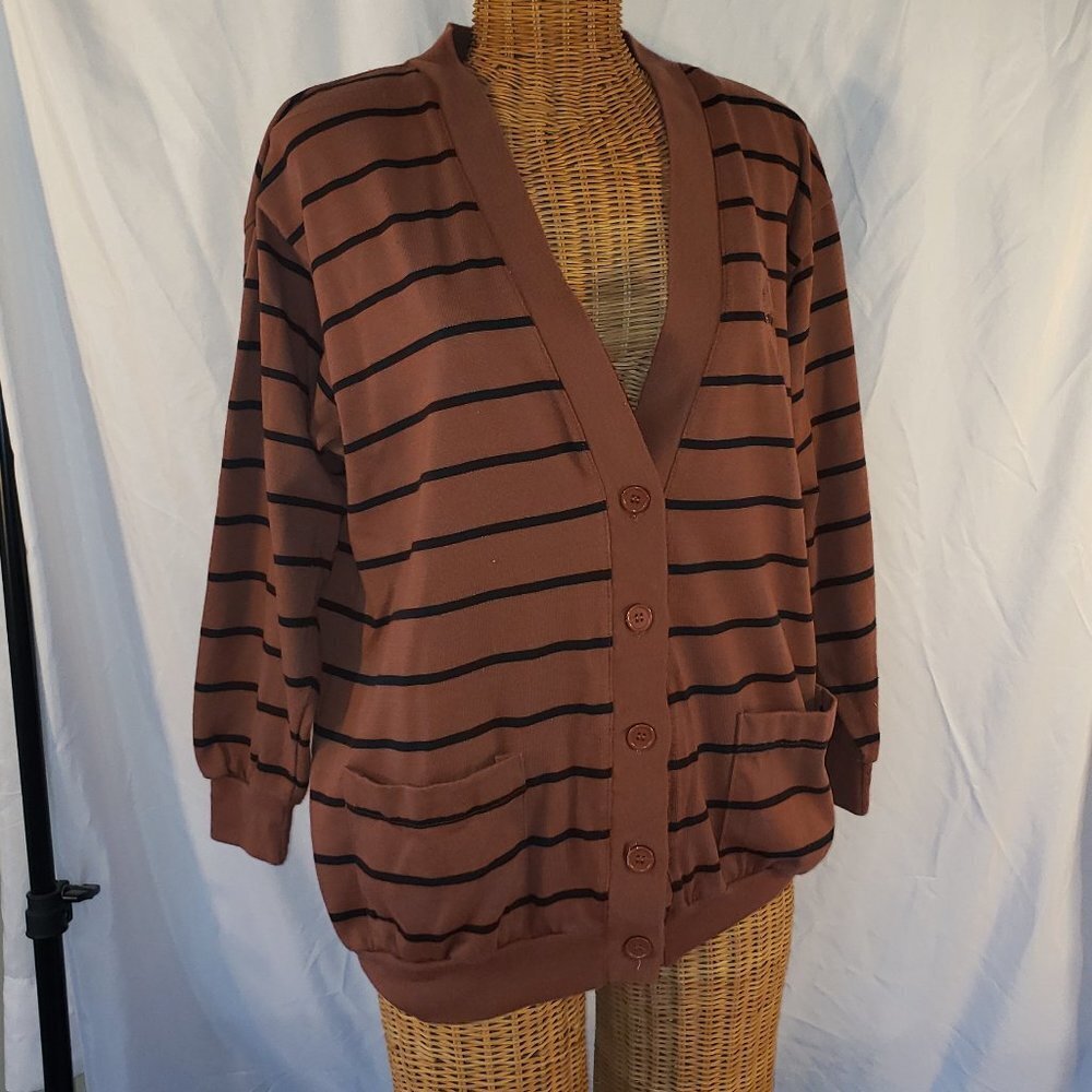 TARAZZIA Women's Striped Long Sleeve Brown Cardigan Sweater - M